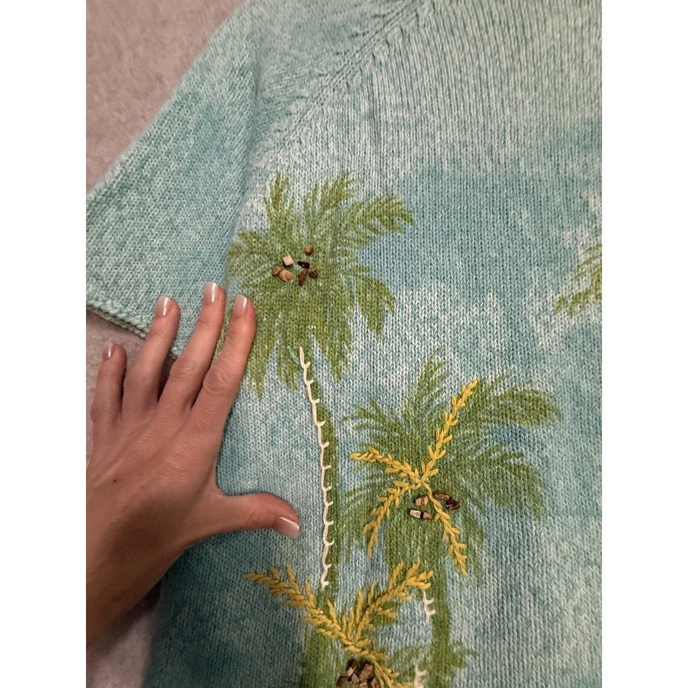 Vintage Fisher Hill Cardigan‎ Sweater Womens Large Blue Palm Tree Embroidered